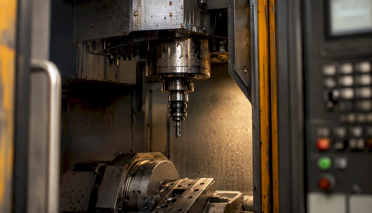 Close-up of CNC machine spindle and tooling