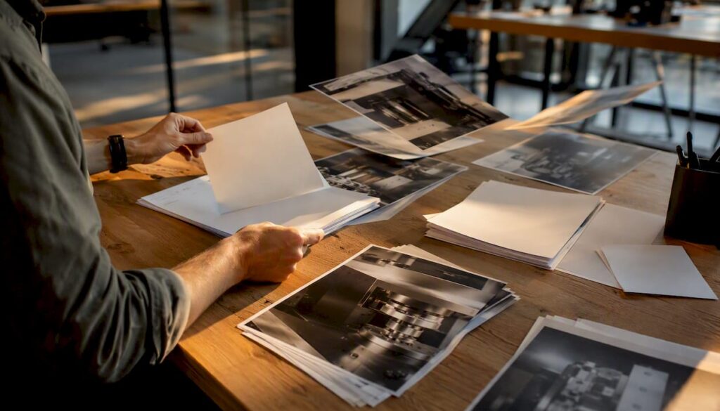 Hands organizing manufacturing grant documents