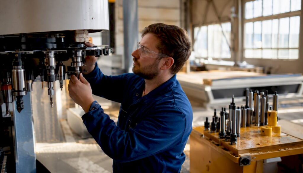 Technician managing tool carousel in CNC workshop