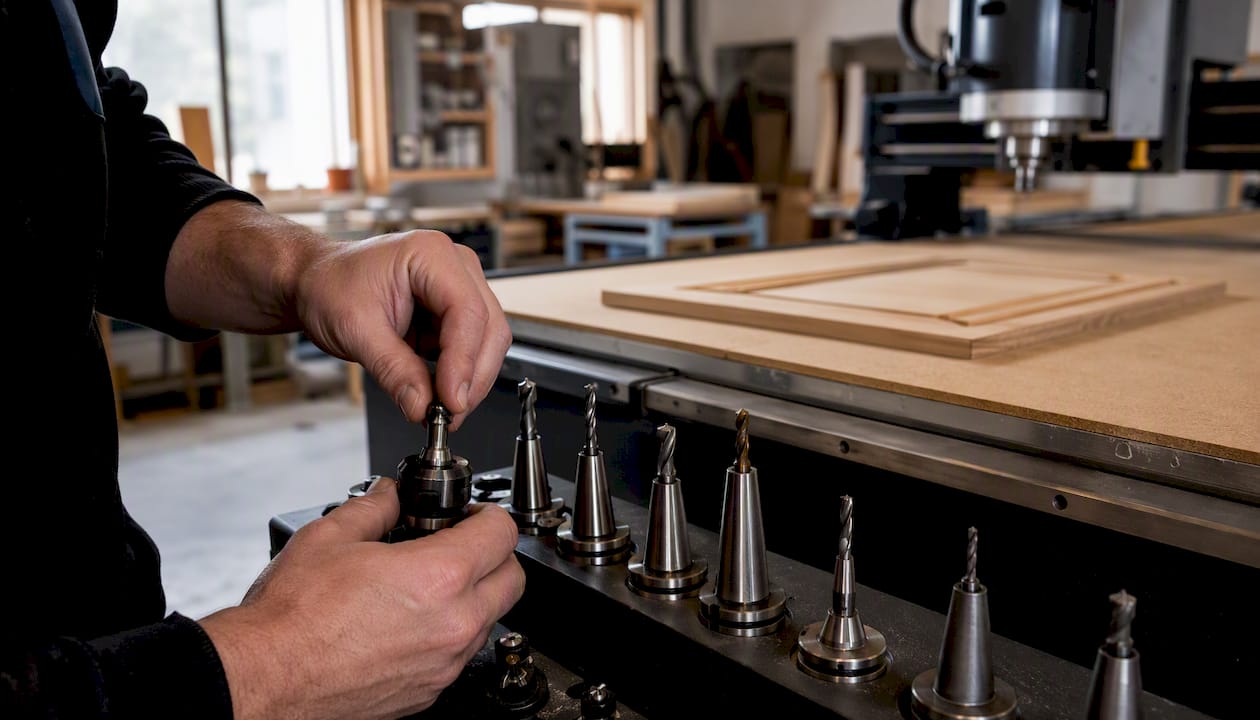 Hand adjusting woodworking cutter near CNC nested panel