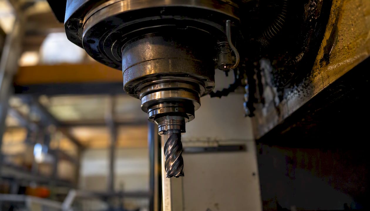 Close-up of CNC spindle and active cutting tool