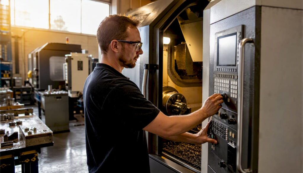 Technician adjusting precision CNC tool in workshop