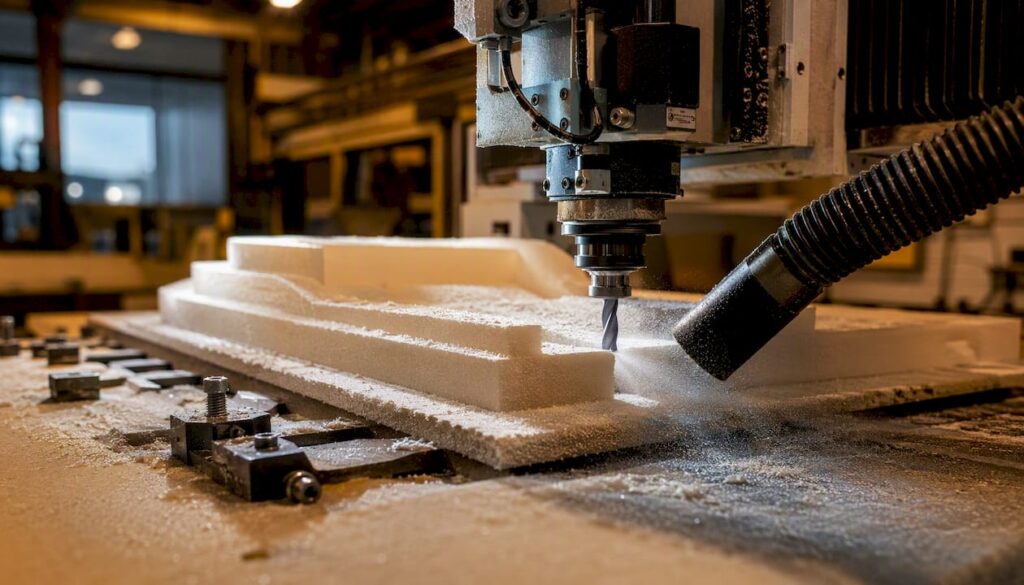 CNC machine cutting dense foam block