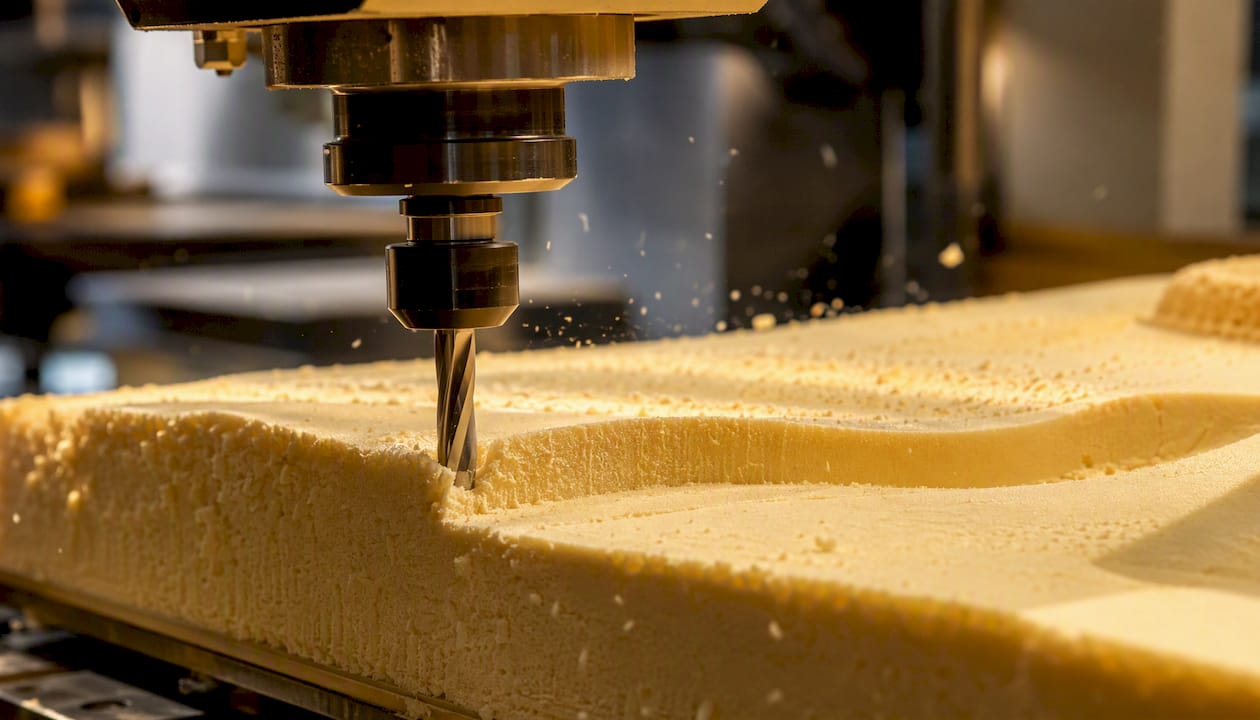 Close-up of CNC routing dense foam