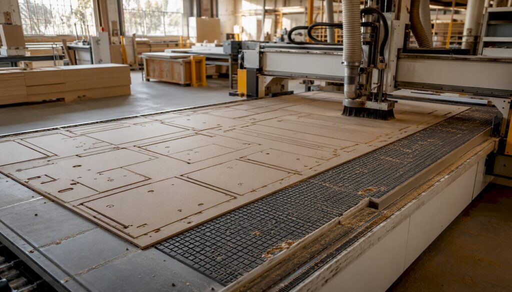 CNC machine cutting nested cabinet panels