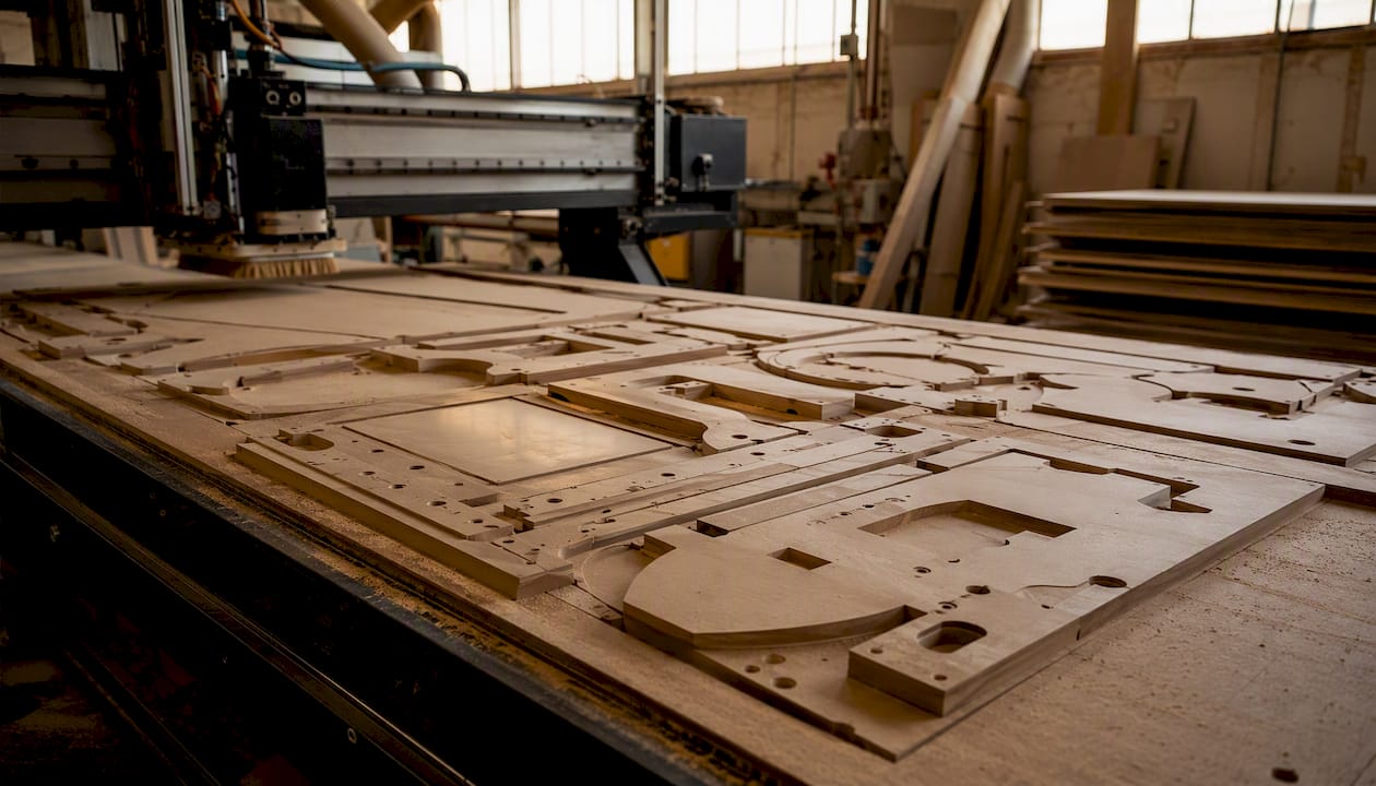 Nested cabinet parts tightly arranged on CNC spoilboard