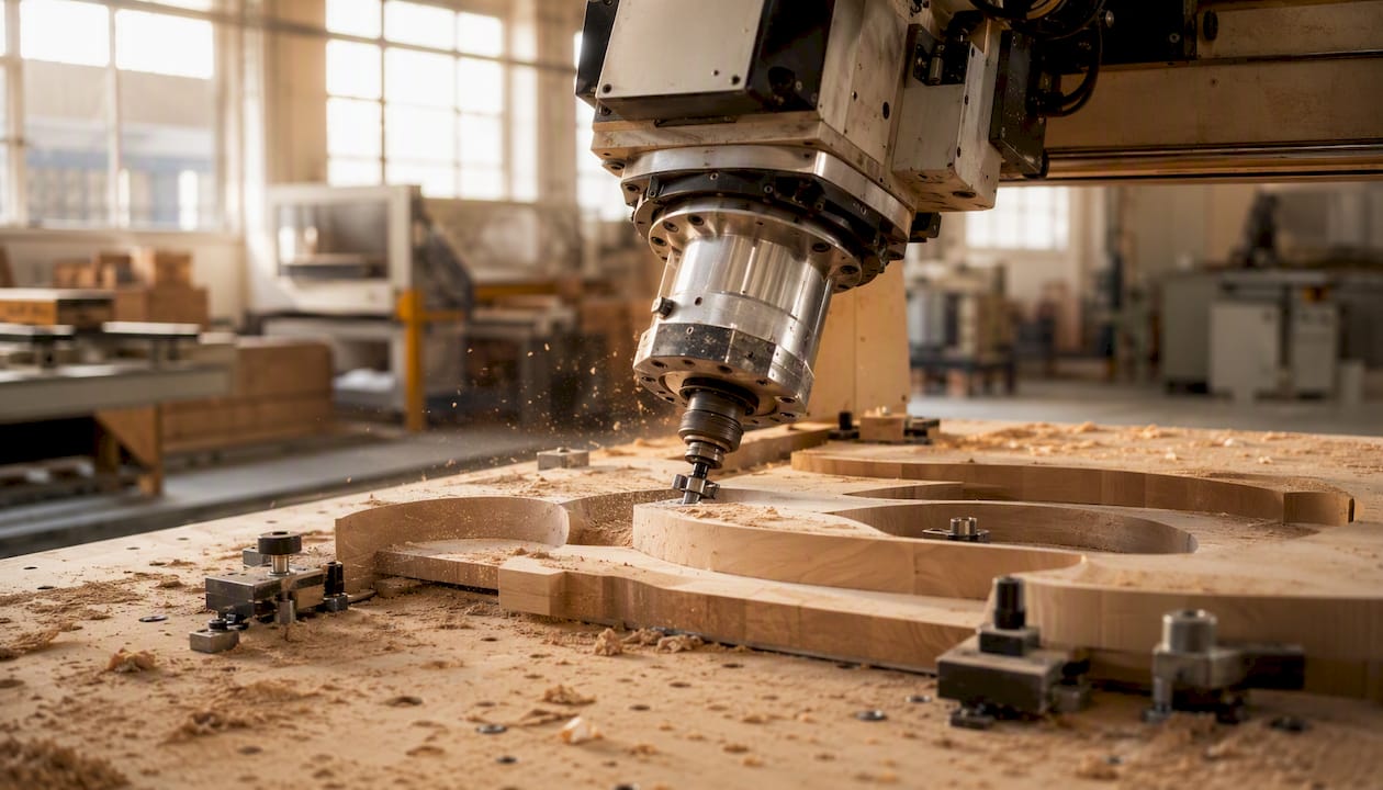 5-axis CNC router machining curved wood piece