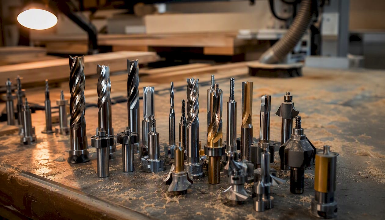 Carbide router bits variety on workshop bench