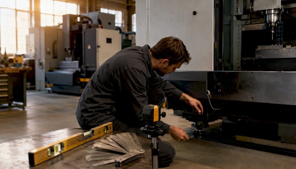 Technician performing laser alignment on CNC machine