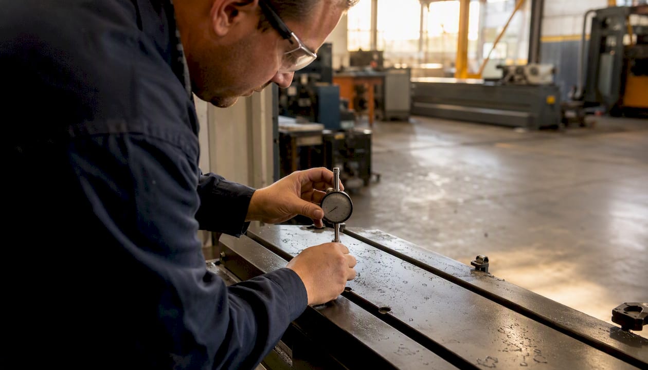 Technician measuring CNC machine T-slot datum during APC installation