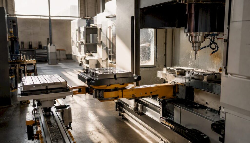 Automatic pallet changer transferring pallet on CNC machine