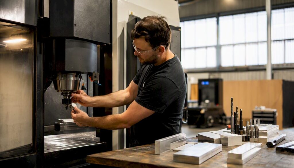 Technician adjusting CNC spindle for small batch