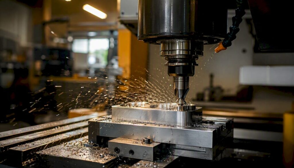 Close-up of CNC cutter machining metal at high speed