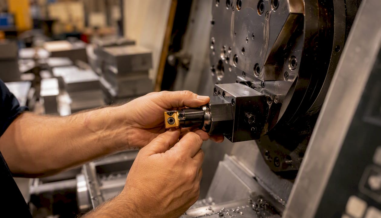 Technician installing coated carbide tool in CNC machine
