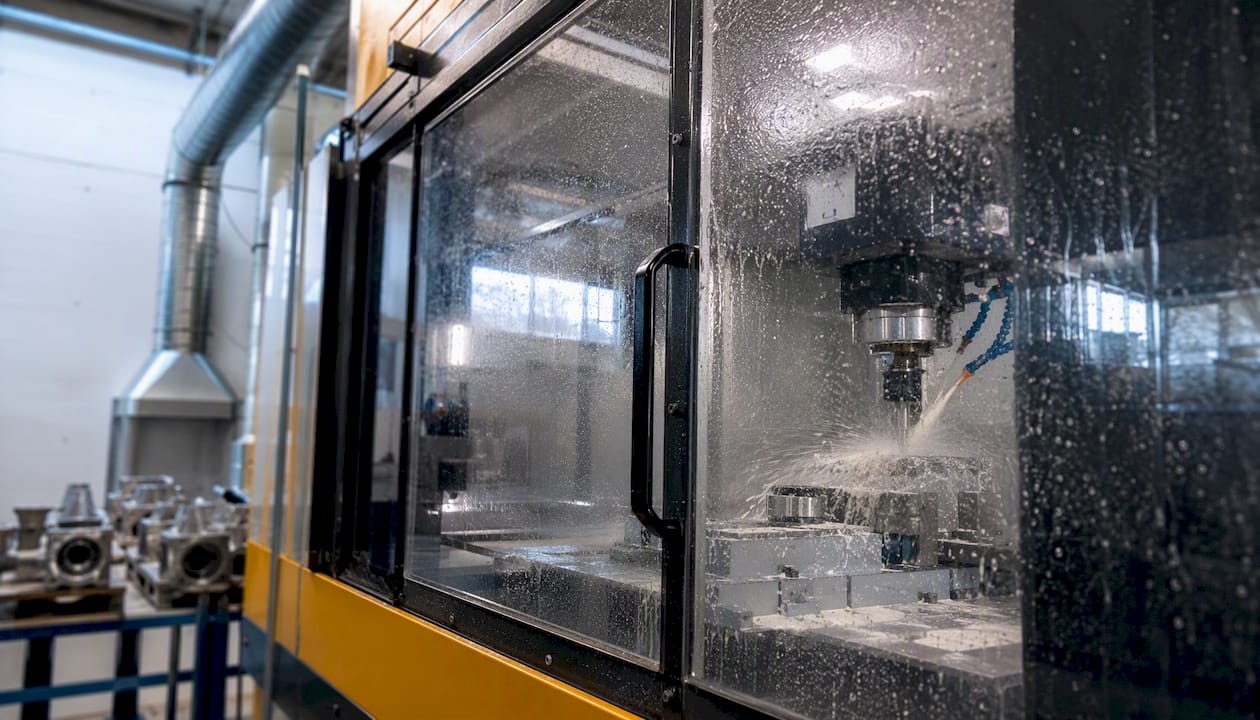 Enclosed CNC machine showing coolant mist containment