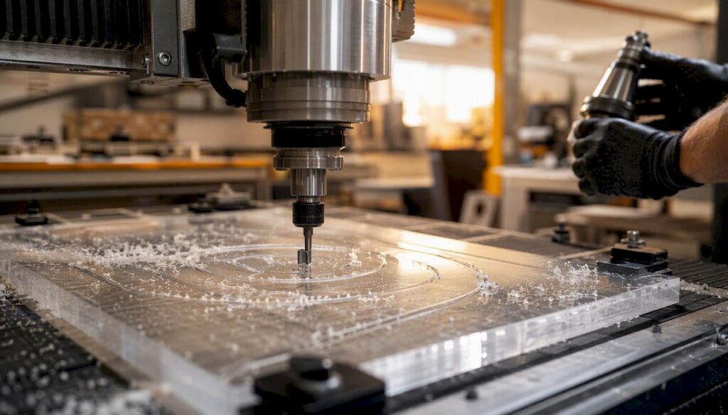 CNC router machining acrylic sheet close-up