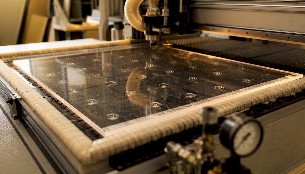 Vacuum table securing acrylic sheet