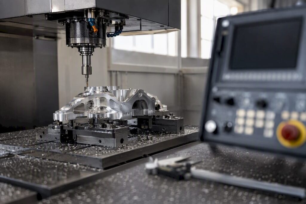 CNC machine cutting an automotive metal part