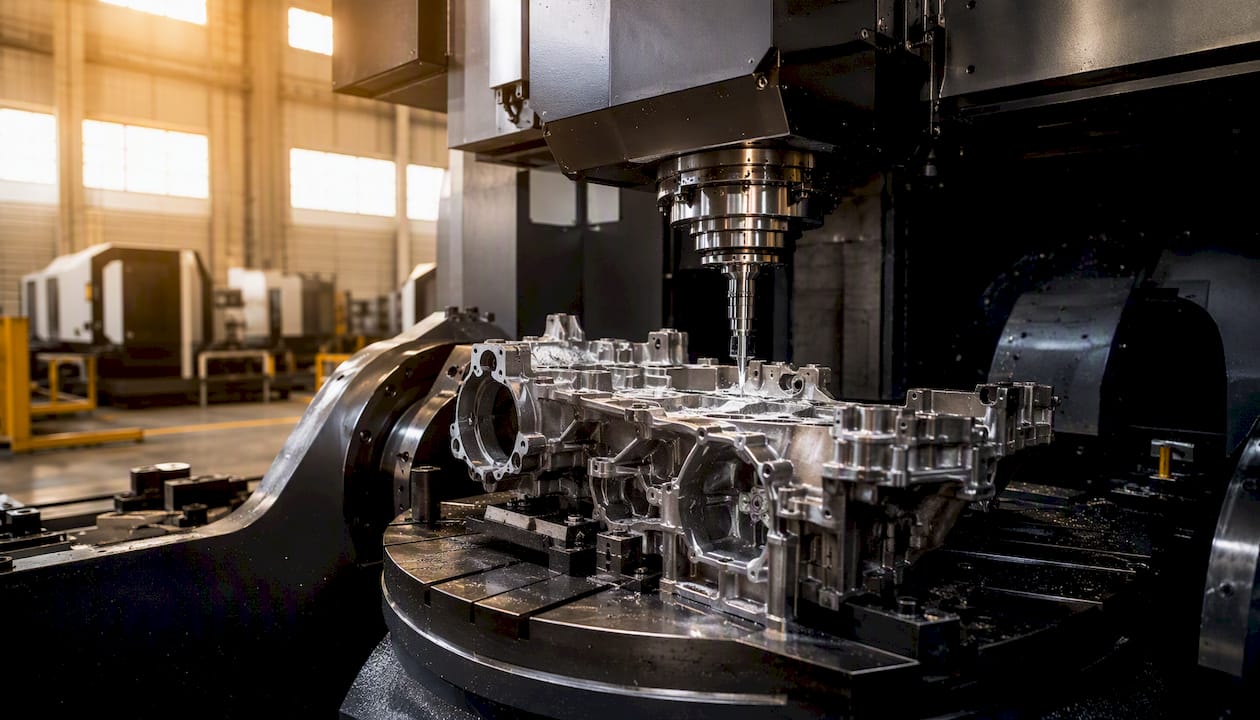 5-axis CNC machine cutting complex automotive casting