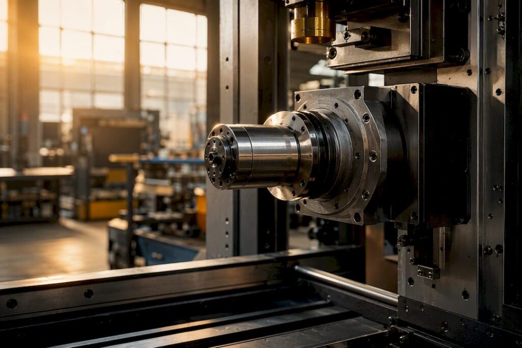 Close-up of CNC spindle motor assembly in workshop