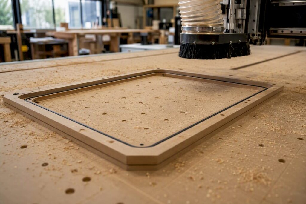 Close-up of vacuum fixture seal on CNC spoilboard
