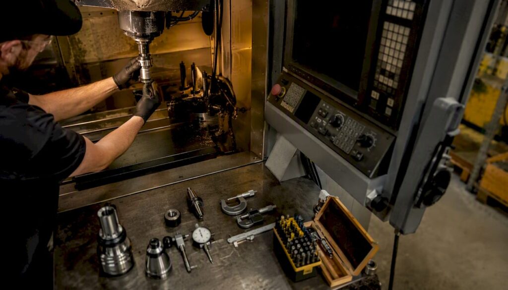 Technician adjusting CNC machine tool holder