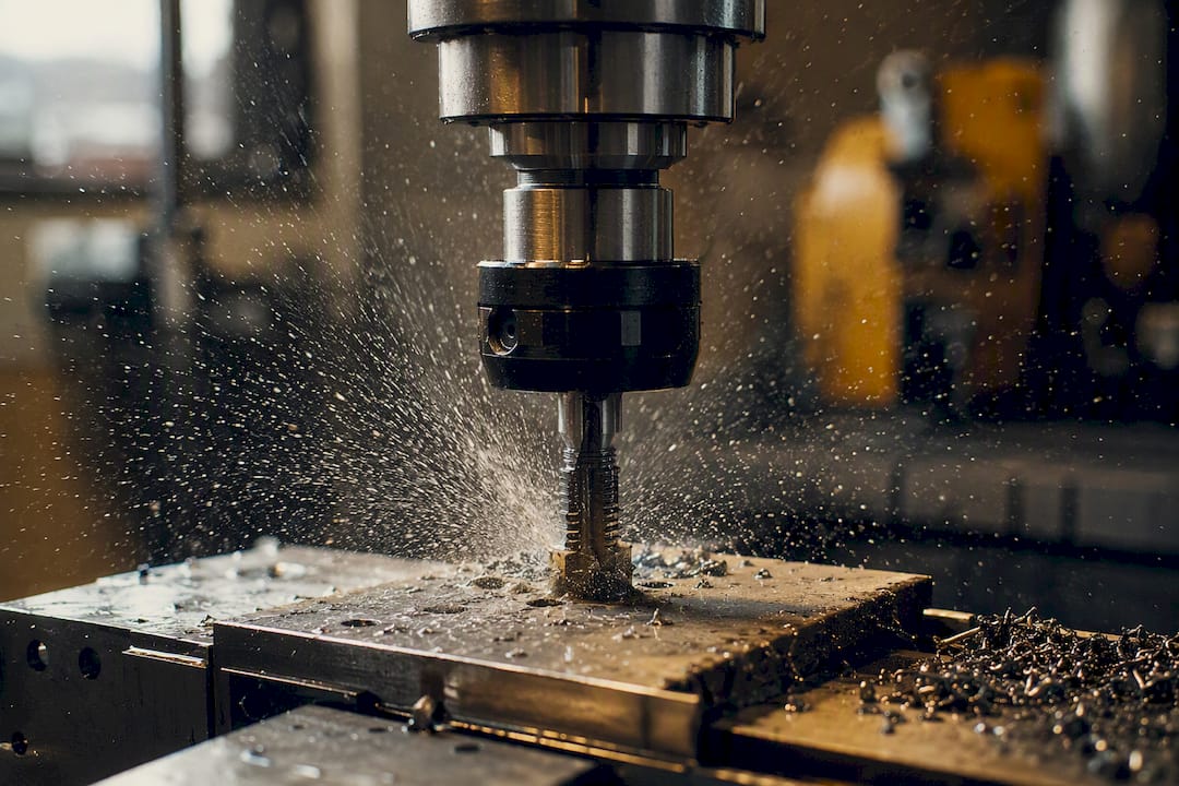 Rigid tap holder with coolant spray in machining workshop
