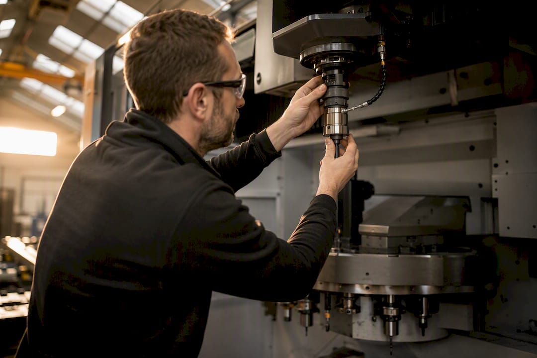 Technician adjusting CNC probing tool