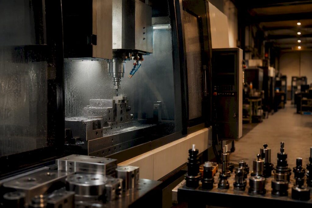CNC machine operating lights-out in workshop