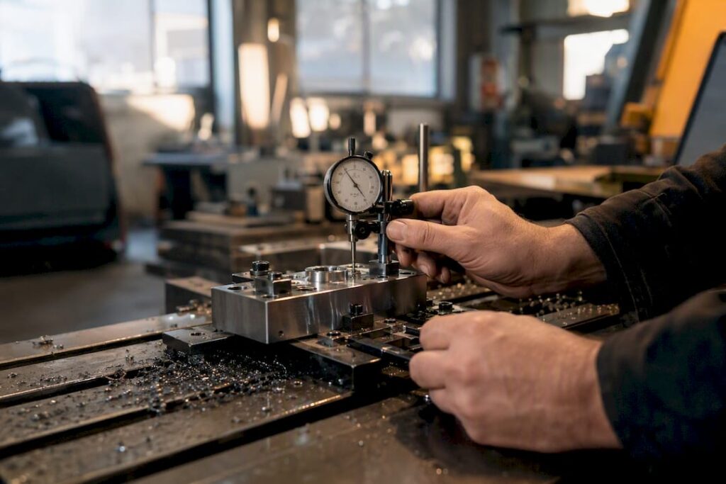 Technician adjusting dial gauge on CNC part