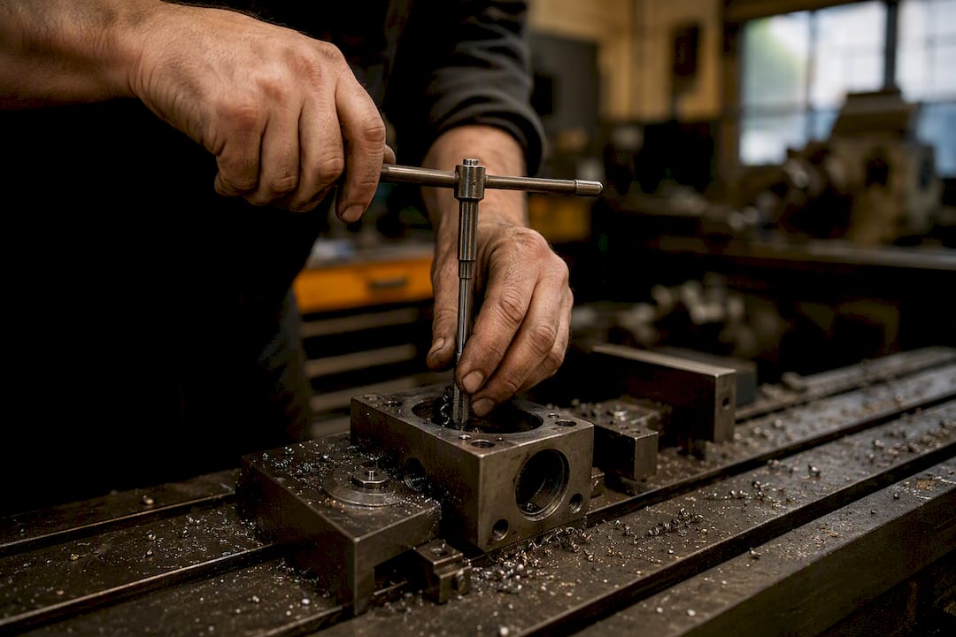 Hands performing reaming operation on metal hole