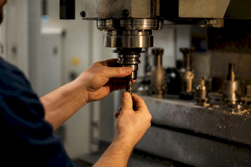 Hands adjusting CNC machine tooling