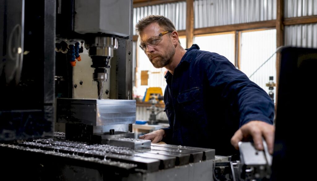 Machinist operating CNC machine on aluminium block