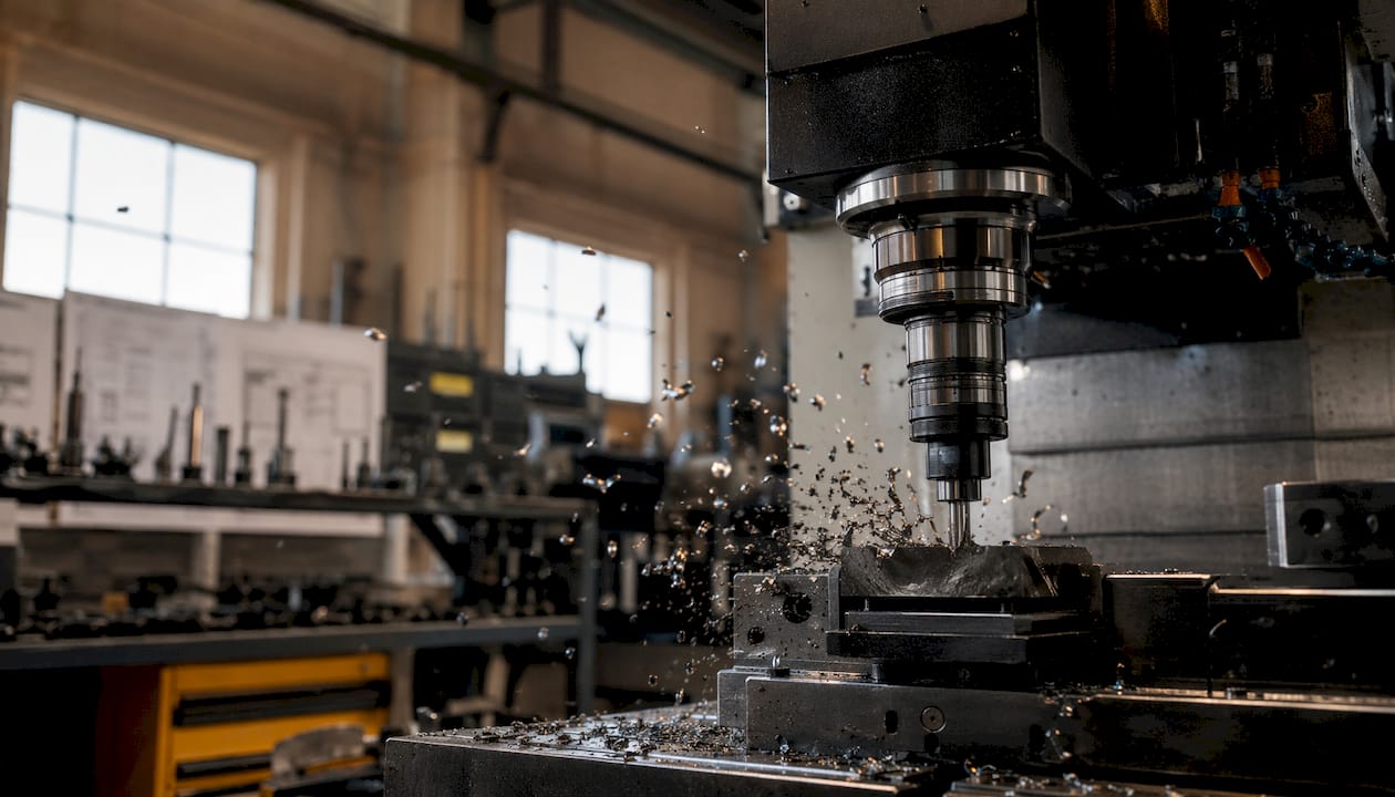 Close-up of CNC spindle machining aluminium