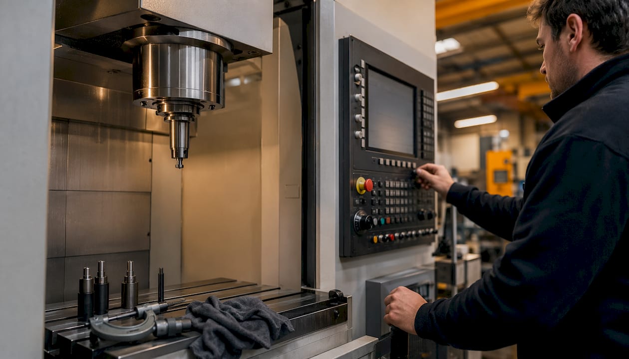 Overhead view of CNC spindle warm-up controls