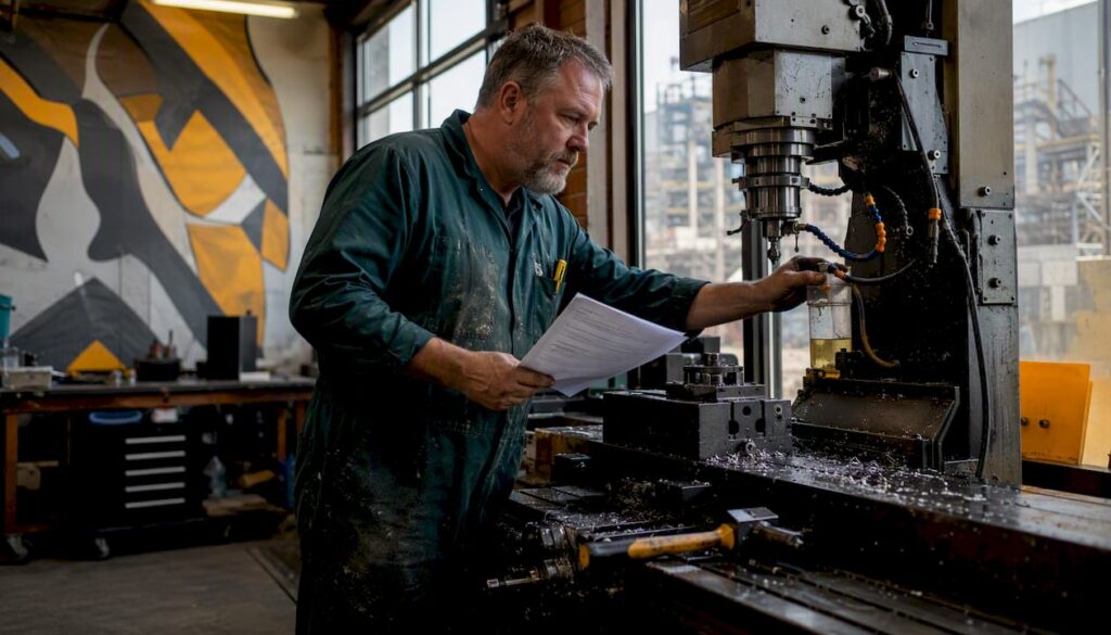 CNC operator inspecting milling machine