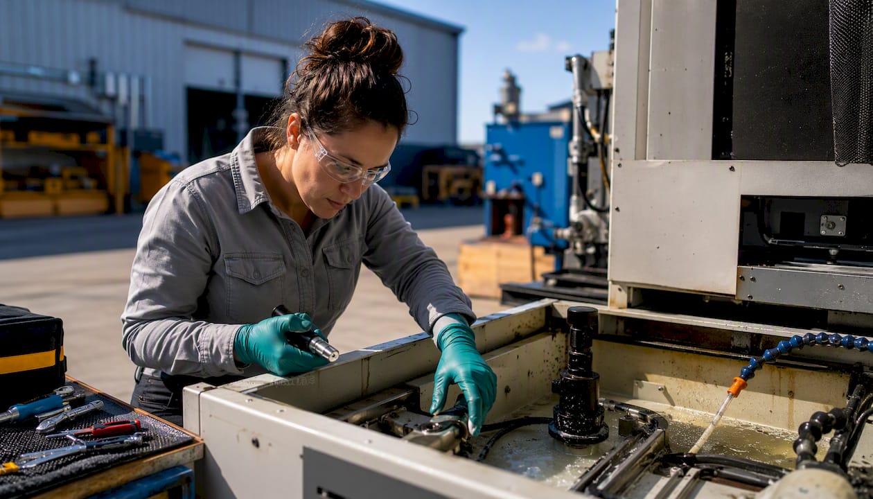 Technician checking CNC coolant levels