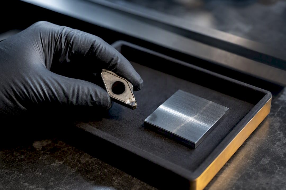 Technician inspecting worn carbide cutting insert