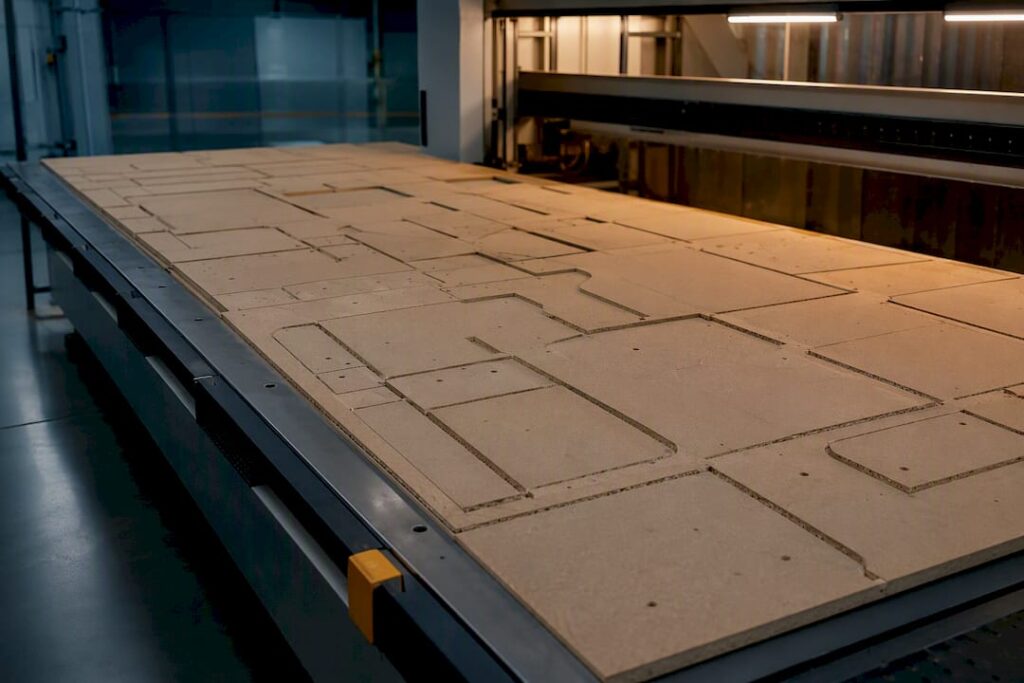 Nested panel sheet entering CNC processing cell