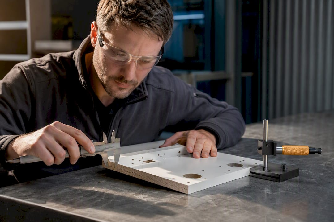 Technician measuring machined panel sample