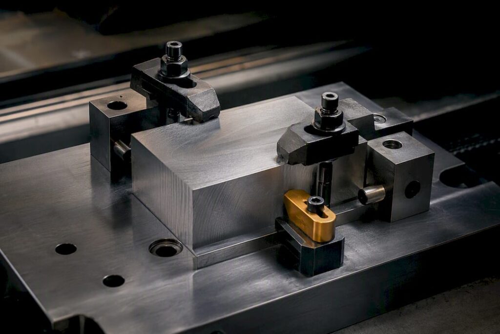 CNC fixture holding a machined workpiece