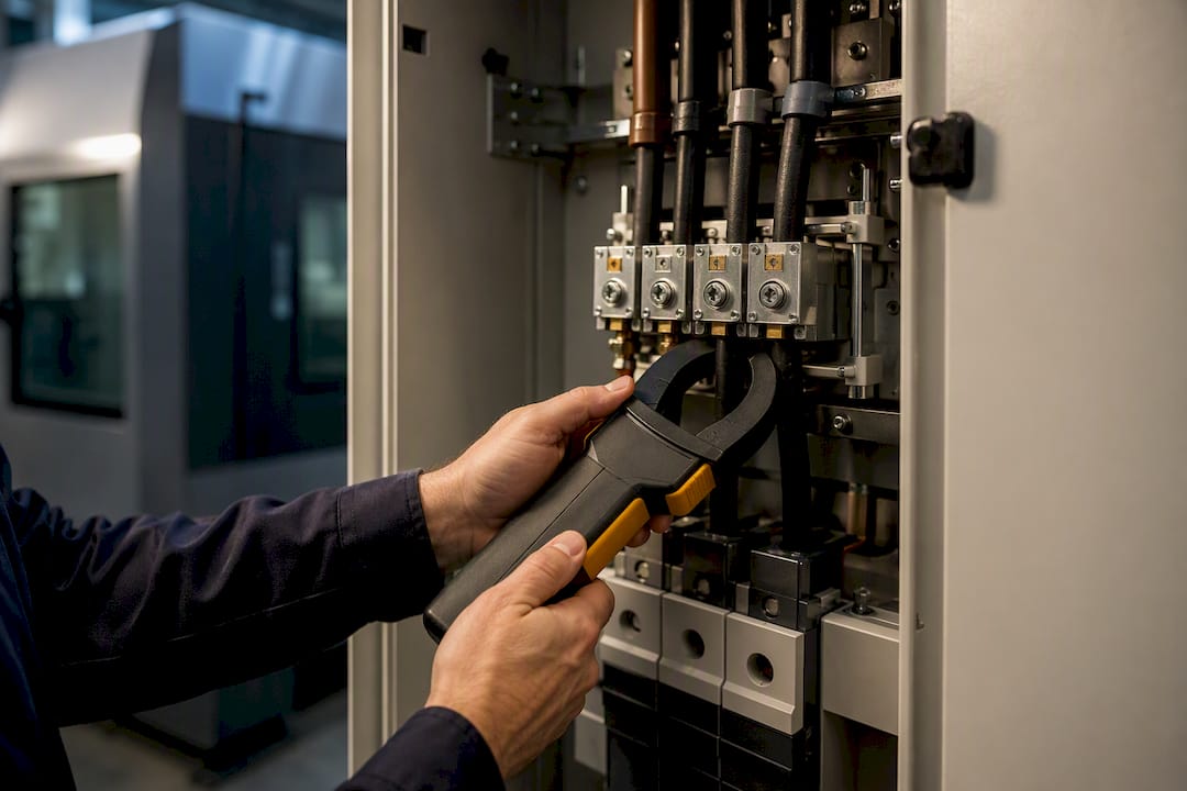 Technician measuring CNC machine power draw