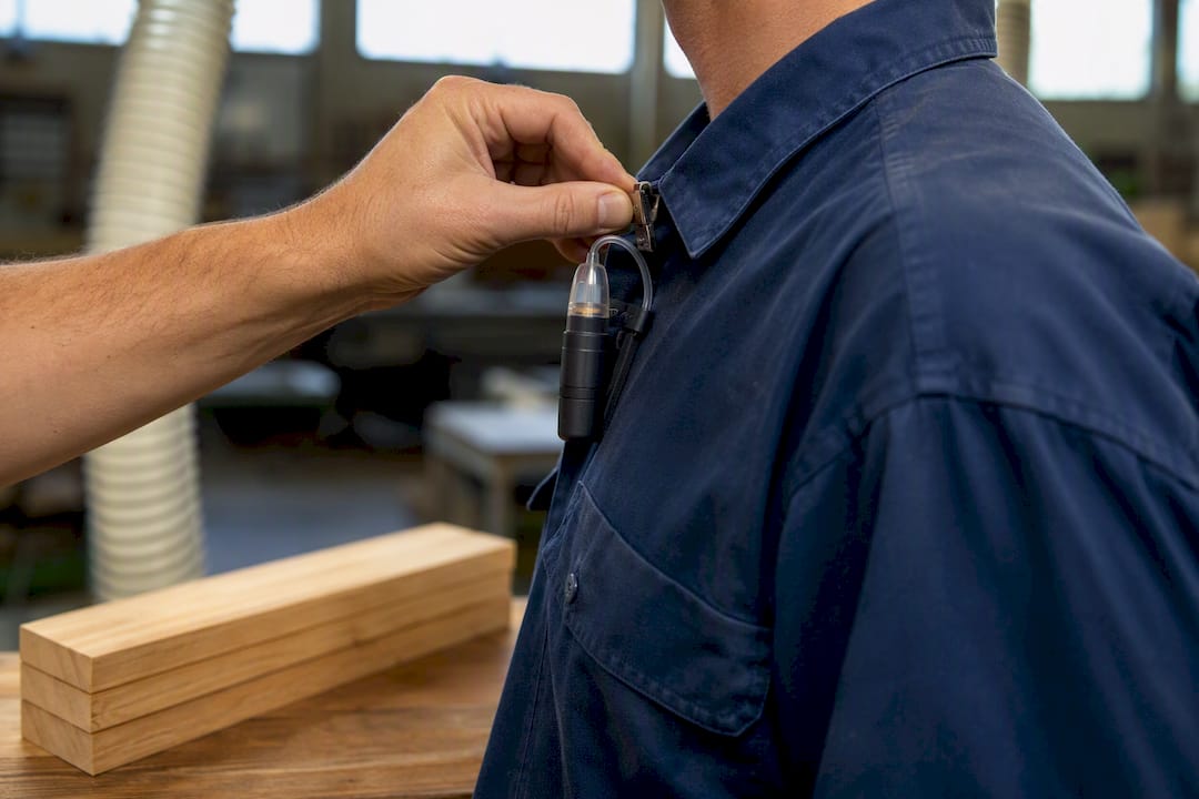 Inhalable sampler clipped near worker breathing zone