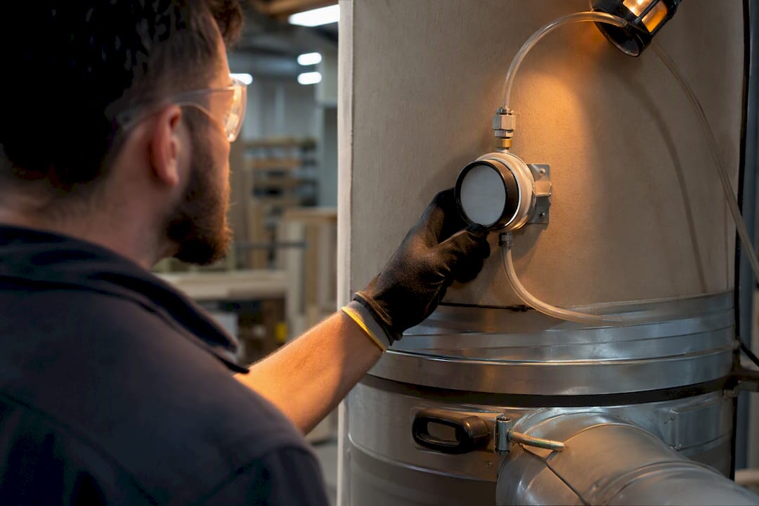 Technician checking dust filter pressure