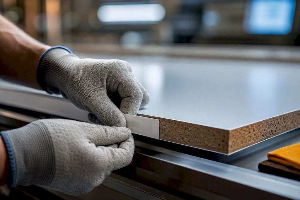 Technician checking label on panel edge