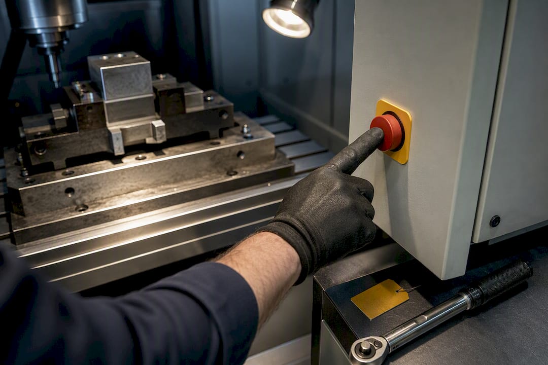Technician load-testing CNC emergency stop