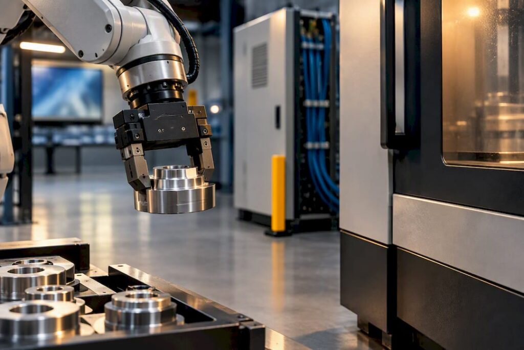 Robot transferring workpiece beside CNC cell