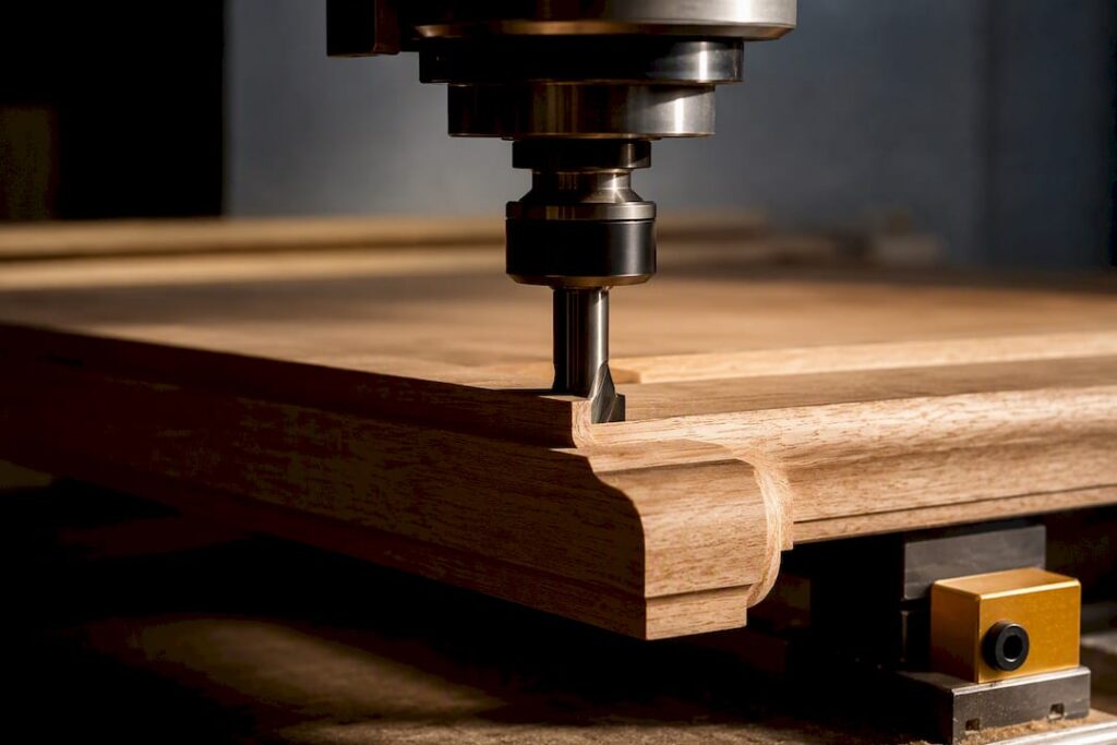 CNC cutter profiling a timber door edge