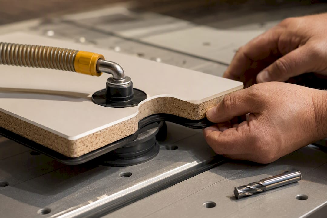 Vacuum pod securing small cabinet panel
