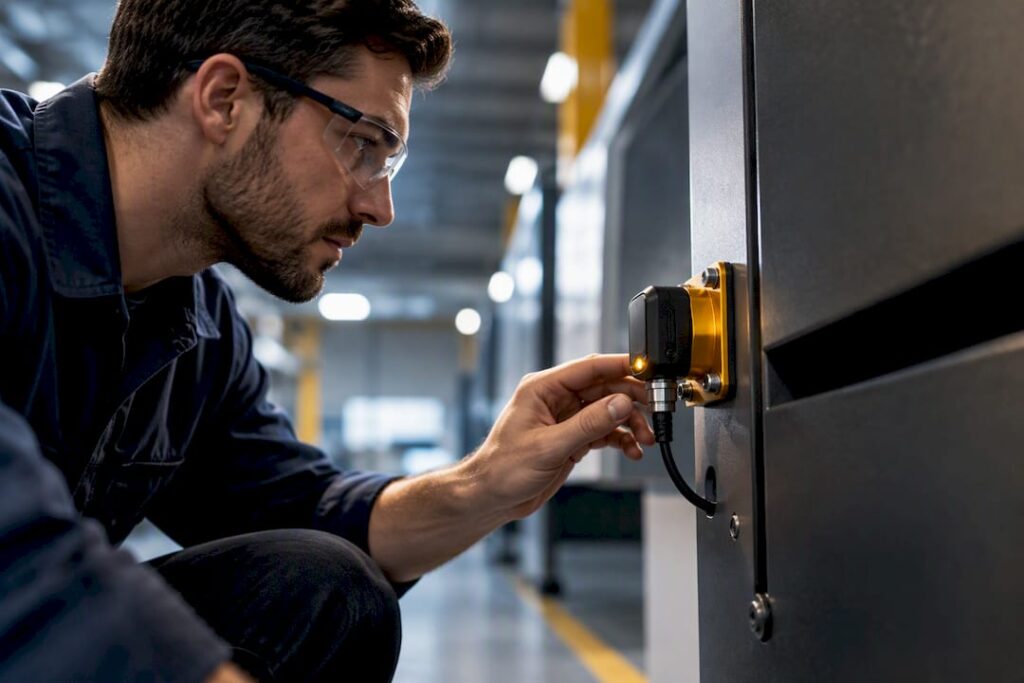 Technician checking a CNC monitoring sensor